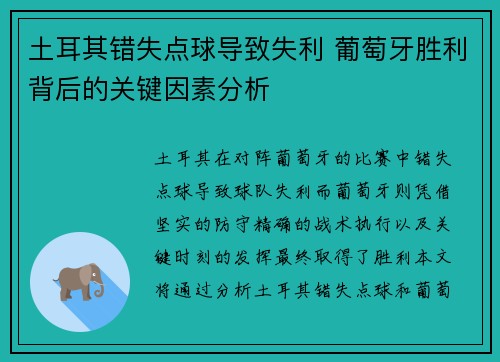 土耳其错失点球导致失利 葡萄牙胜利背后的关键因素分析